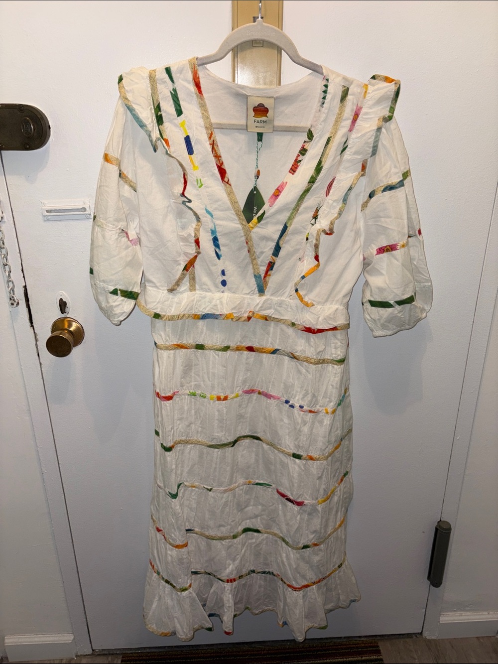 BNWT FARM Rio White Maxi Dress with Multicolor Ribbon Accents